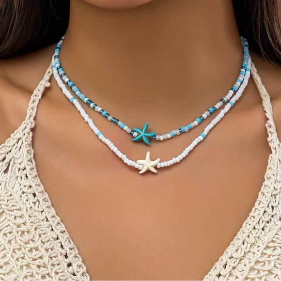 COPY - Starfish Beaded Necklace Set - White and Blue - Picture 2 of 6